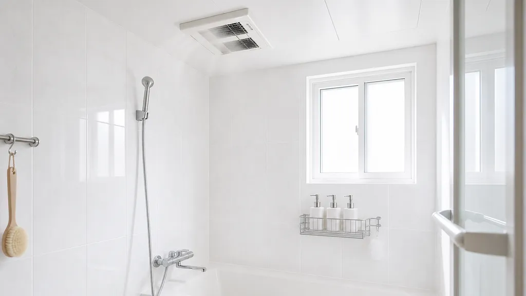 きれいに掃除された浴室で換気扇が回っているイメージ