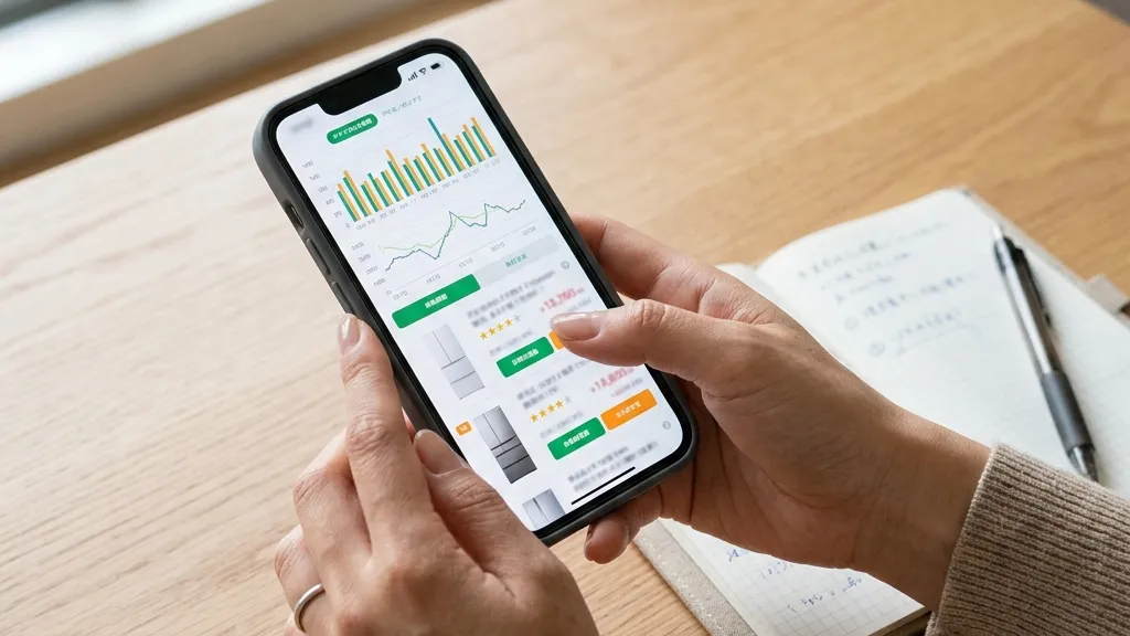 スマートフォンで冷蔵庫の価格を比較している手元