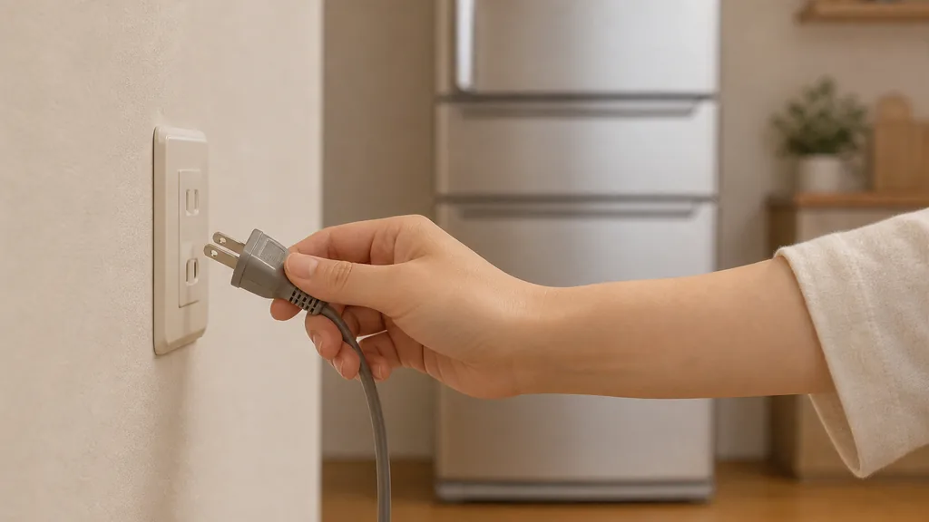 冷蔵庫の電源プラグを確認する様子