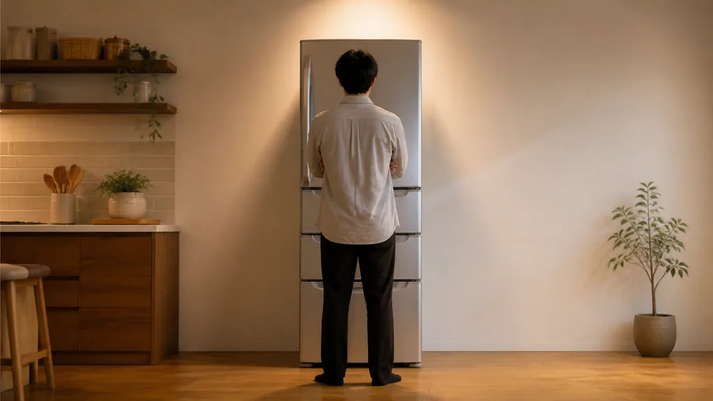 冷蔵庫の前で次の一手を考える女性