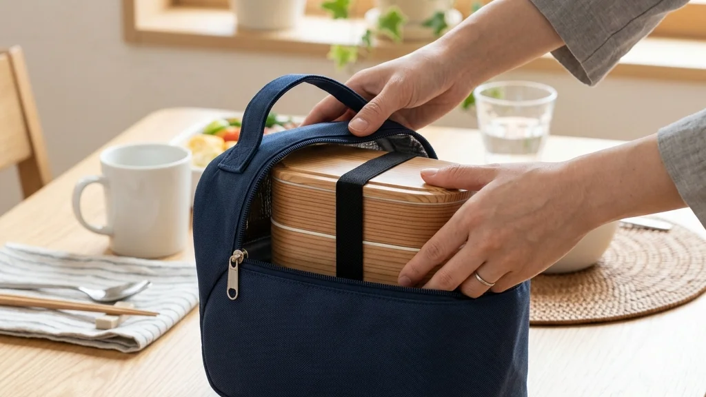 お弁当用のコンパクトな保冷バッグを持つ通勤シーンのイメージ