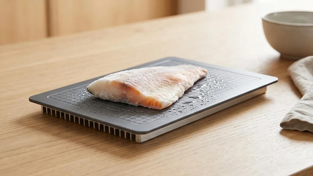 アルミ解凍プレートに冷凍食材をのせて自然に解凍する仕組み