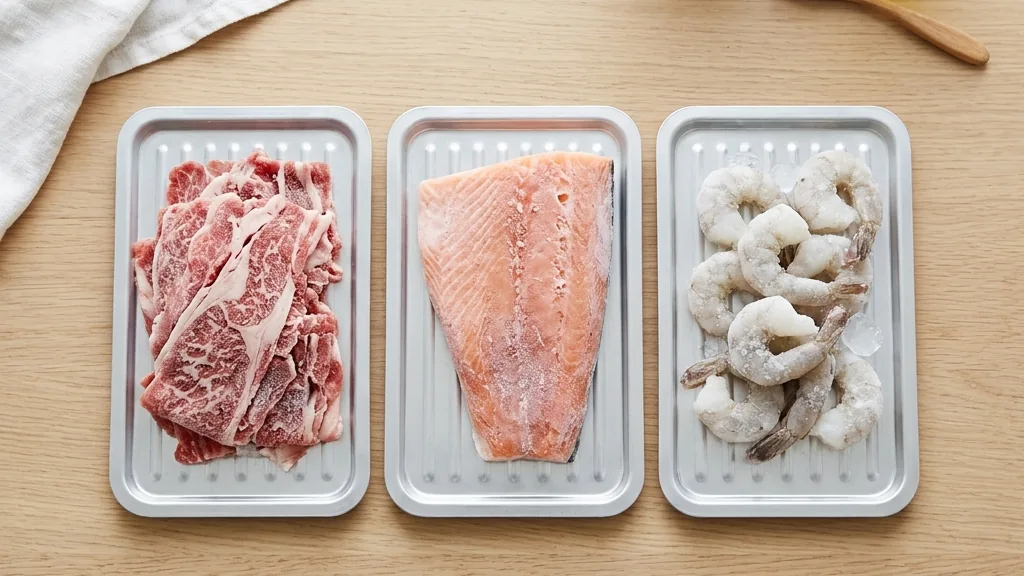 薄切り肉・魚・エビなど食材別に解凍プレートにのせた様子