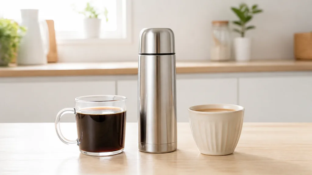 ブラックコーヒーとカフェオレを水筒の前で比較したイメージ