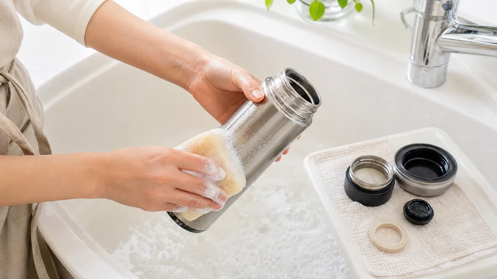 コーヒーを入れた水筒を丁寧に洗っているイメージ