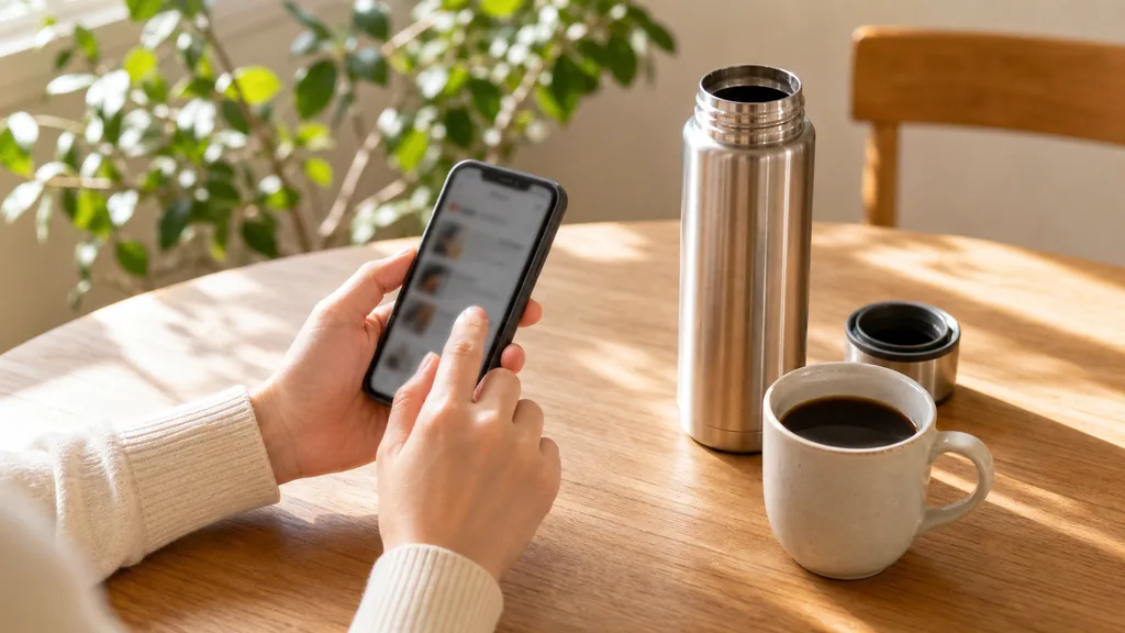スマホで水筒コーヒーの疑問を確認しているイメージ