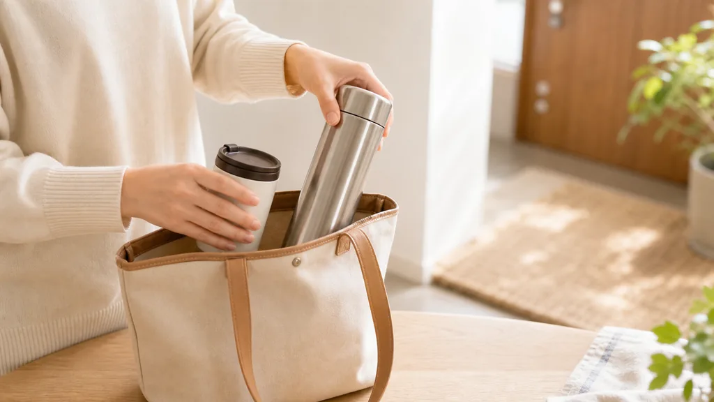 水筒とコーヒーをバッグに入れて出かける準備のイメージ