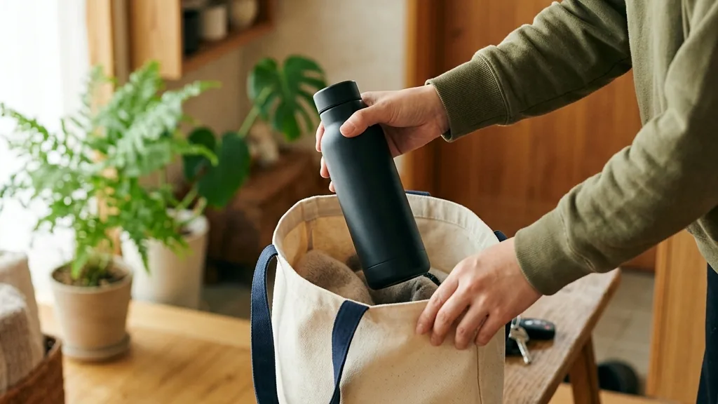 水筒をバッグに入れて出かける準備のイメージ