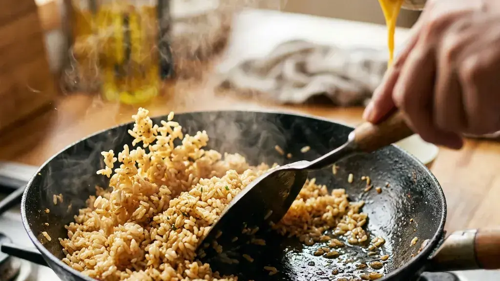 硬いご飯がフライパンで炒められてパラパラチャーハンに変身