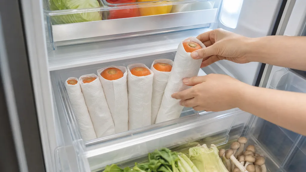 人参をペーパーで包んで野菜室に立てて保存