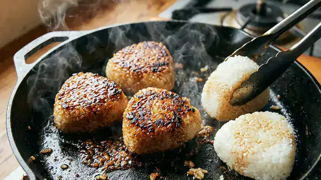 べちゃご飯が焼きおにぎりの焼き過程で外はカリッと変身
