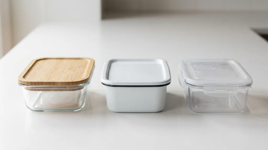 ガラス・ホーロー・プラスチック三素材の保存容器を並べた比較