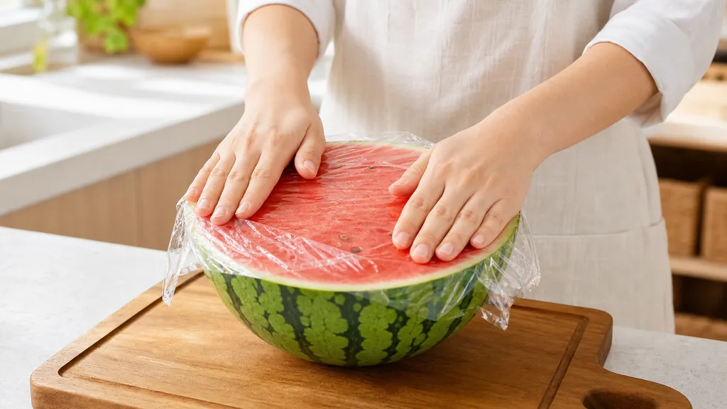 カットしたスイカにラップを密着させて冷蔵保存