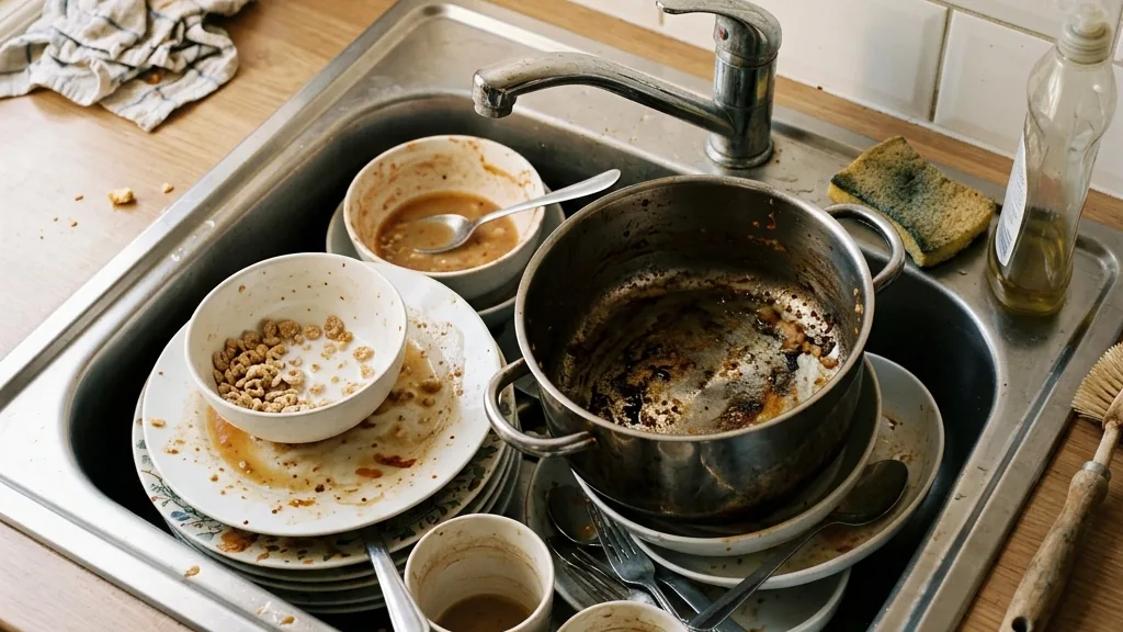 食後のシンクに積み上がった汚れた食器の山