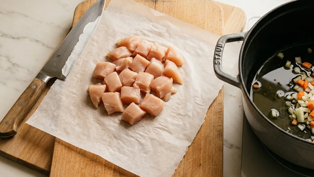 まな板シートを広げて肉を切り、そのままシートごと鍋に移すイメージ