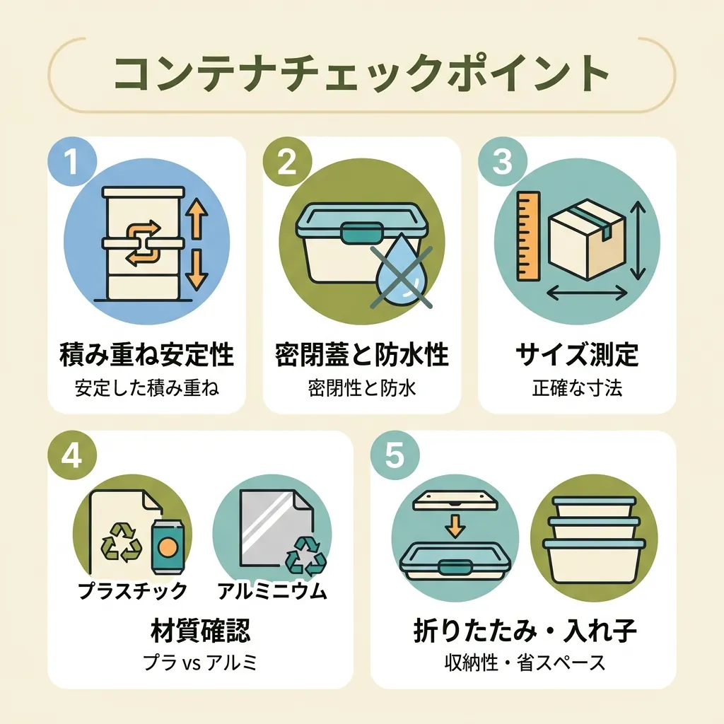 スタッキングコンテナの選び方5つのチェックポイントを示す図解