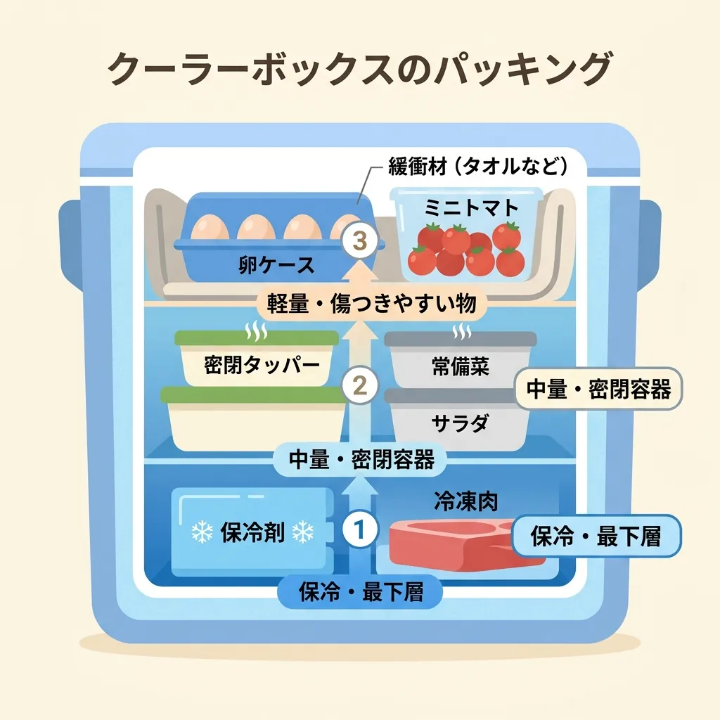 クーラーボックスへの正しい詰め方（重いものを下・潰れやすいものを上）を示す断面図解