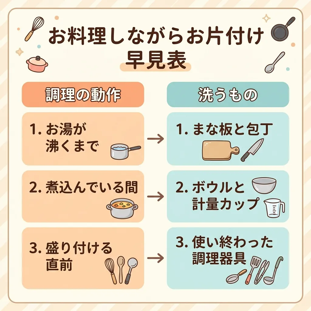 調理の動作と洗うものの早見表イラスト