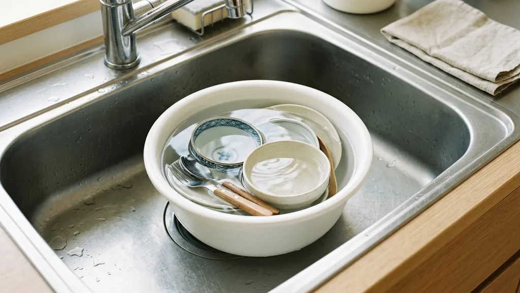 水を張ったボウルに食器がつけ置きされている様子