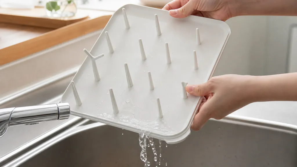 スタンドのトレーに溜まった水を捨てる様子