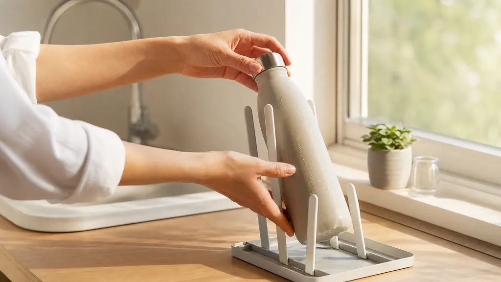 朝の光の中で乾いた水筒を手に取る様子