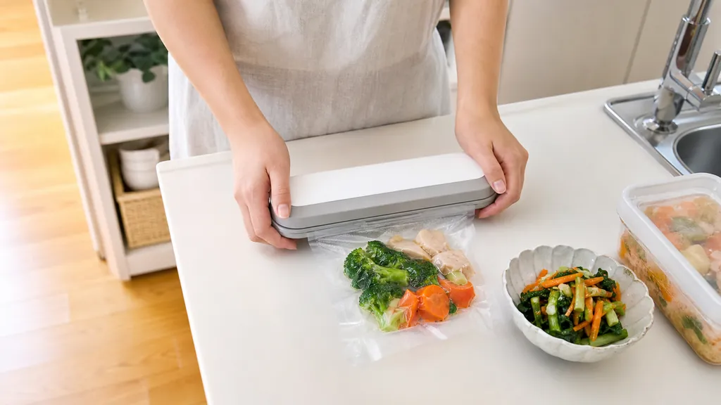 狭いキッチンでコンパクトな真空パック機を使う手元
