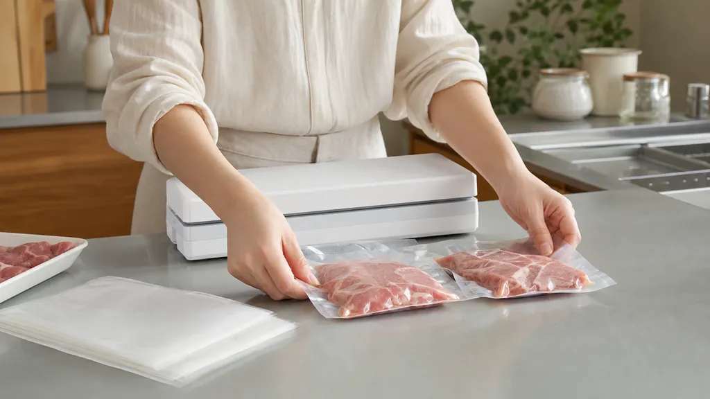 初めての真空パック機で肉を一食分ずつ小分けにする手元