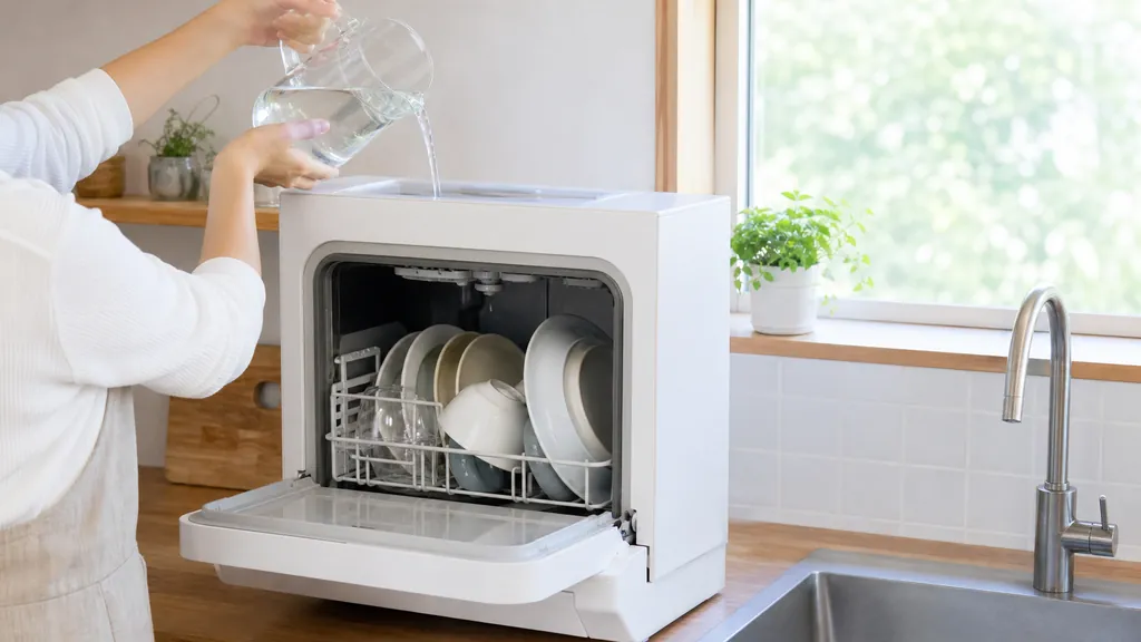 タンク給水をする手元と小型食洗機