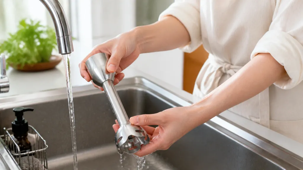 ハンドブレンダーのシャフト部分を水で洗い流している様子