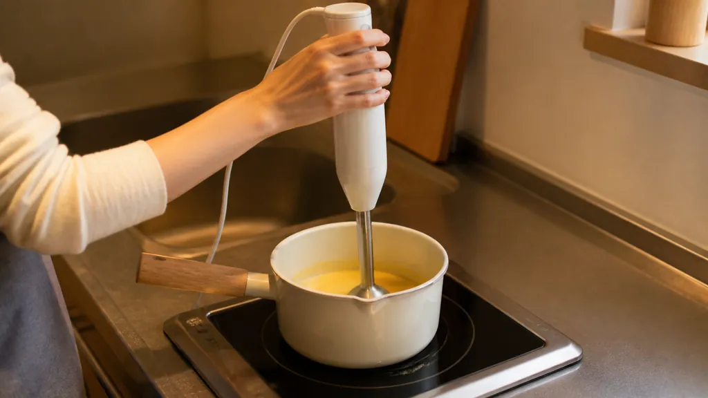 一人暮らしの小さなキッチンでハンドブレンダーを使う手元