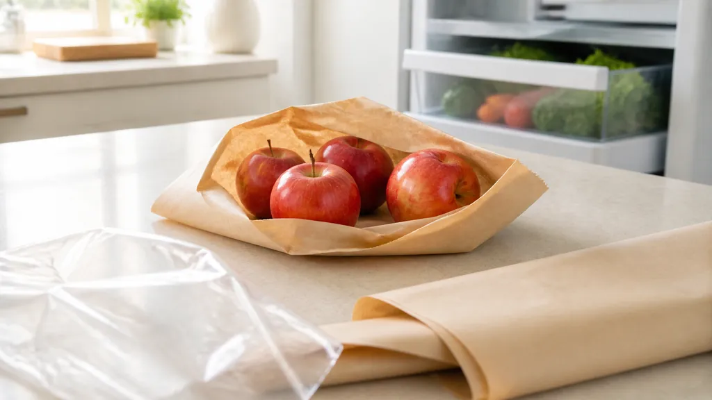無地の薄紙に包んだりんごとポリ袋が置かれたキッチンカウンター、奥に冷蔵庫の野菜室