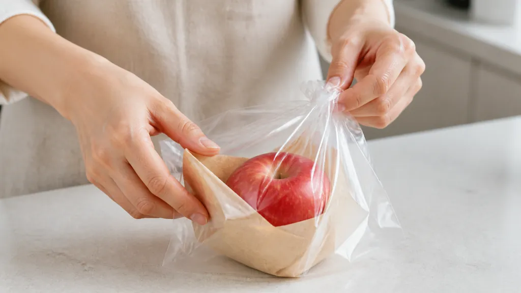 無地の薄紙で包んだりんごをポリ袋に入れ口を閉じる手元