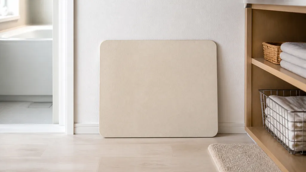 珪藻土バスマットを脱衣所に立てかけている様子