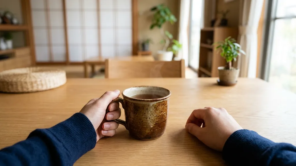 テーブルでマグカップを持つ手元
