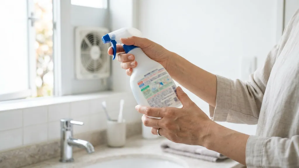 洗剤のラベル・注意表示を確認する手元