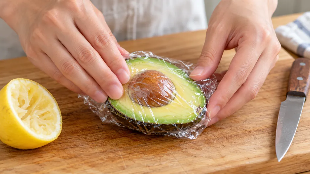 半割りのアボカドをラップで包んでいる手元。そばにレモンが置かれている