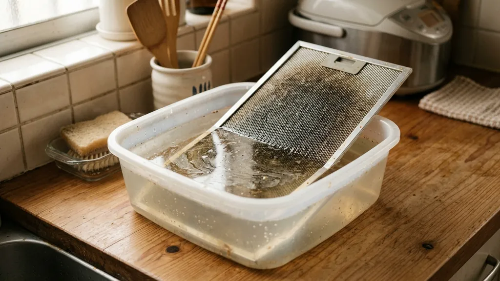 換気扇の部品を水に浸けているが表面に油膜がうっすら残っている様子